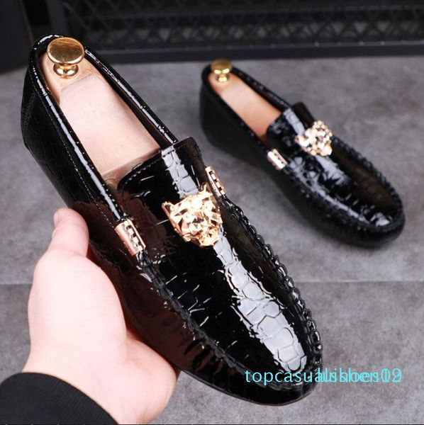 new 2019 luxury genuine leather men's wedding shoes metal tiger men's banquet party dress loafers 38-43 t19, Black