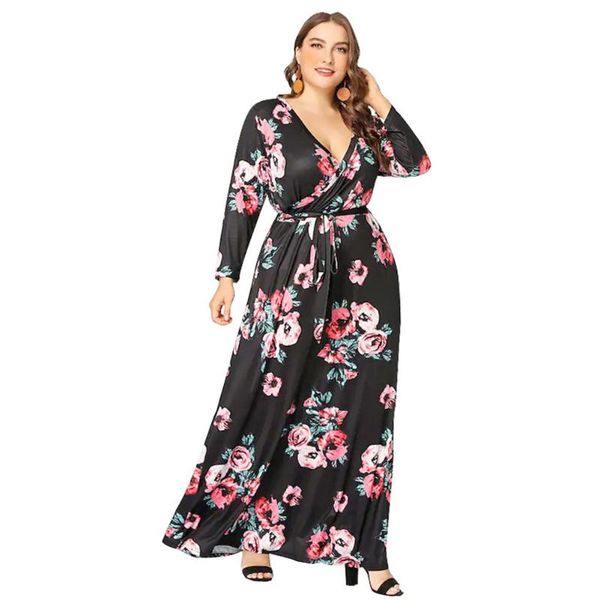 with belt v neck maxi women dress large hem high waist plus size casual floral wrap beach spring long sleeve loose, Black;gray
with belt v neck maxi women dress large hem high waist plus size casual floral wrap beach spring long sleeve loose, Black;gray