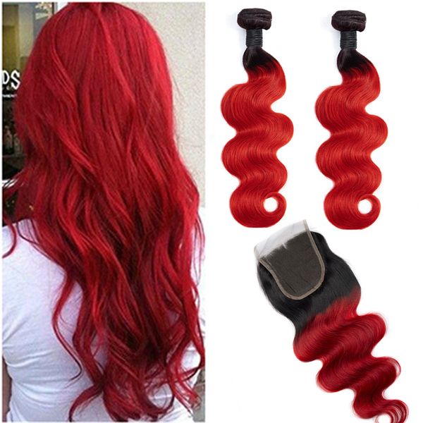 

brazilian virgin human hair 2 bundles with 4x4 lace closure middle three part 1b red body wave hair wefts with 4 by 4 closure, Black;brown