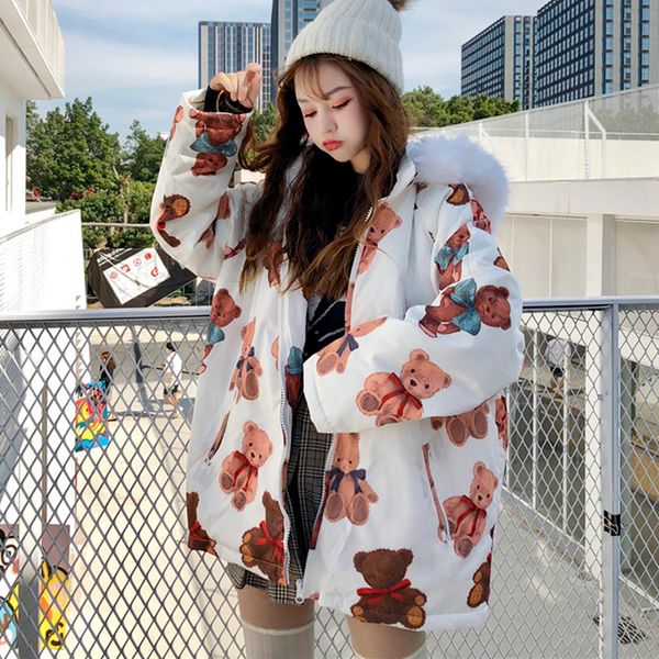 winter korean students cute bear print large fur collar hooded loose cotton padded coat medium and long section outwear overcoat, Black
winter korean students cute bear print large fur collar hooded loose cotton padded coat medium and long section outwear overcoat, Black