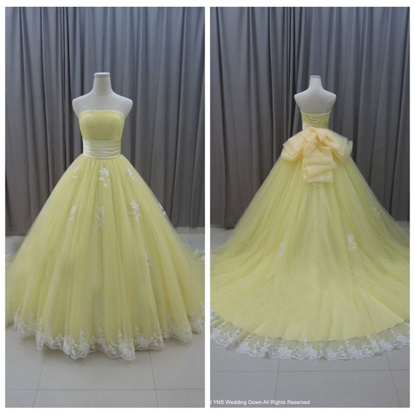 fairy strapless tulle yellow wedding dress lace applique princess ball gown wedding dresses bodice with big bow abiti da sposa wedding gowns, White
fairy strapless tulle yellow wedding dress lace applique princess ball gown wedding dresses bodice with big bow abiti da sposa wedding gowns, White