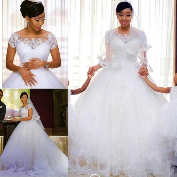 

new modest vintage lace 2020 wedding dresses jewel with short sleeves appliues beaded white tulle wedding a line bridal dresses 93