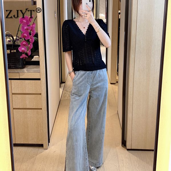 fashion summer pants suit two piece set women v neck hollow black lace and jeans matching sets, White
fashion summer pants suit two piece set women v neck hollow black lace and jeans matching sets, White