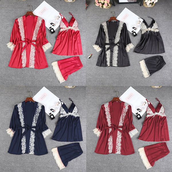 3pcs summer women silk satin bathrobe lace patchwork robe +padded bra lingerie + shorts pajamas robe sleepwear nightwear, Blue;gray
3pcs summer women silk satin bathrobe lace patchwork robe +padded bra lingerie + shorts pajamas robe sleepwear nightwear, Blue;gray