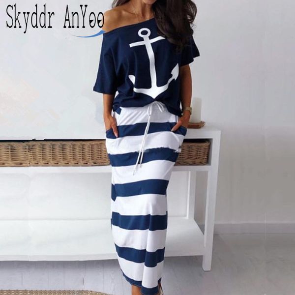 women two piece set boat anchor print t-shirt elastic waist stripe long skirt set two piece casual summer 2 streetwear, White
women two piece set boat anchor print t-shirt elastic waist stripe long skirt set two piece casual summer 2 streetwear, White