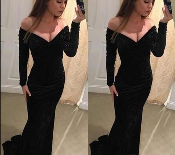 2019 black velvet long sleeves evening dresses deep v neck wear off the shoulder mermaid style ruched prom dresses for women party dress
2019 black velvet long sleeves evening dresses deep v neck wear off the shoulder mermaid style ruched prom dresses for women party dress