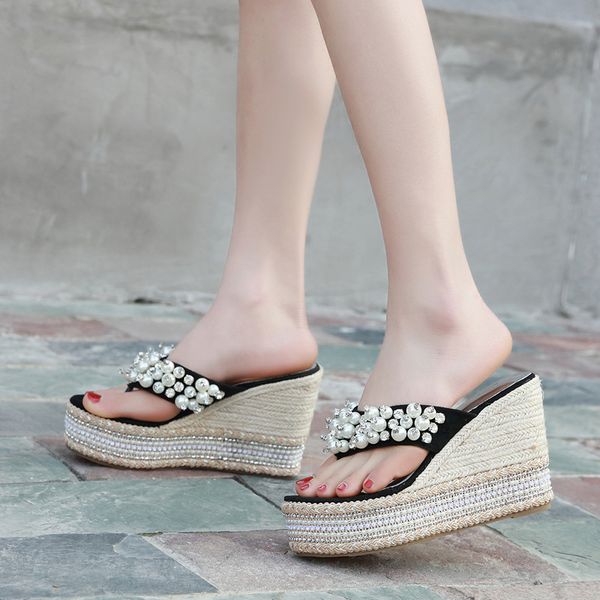 2019 sandals and slippers women's new beach pearl slope thick bottom flip-flop heels chq828-6 for girl shoes, Black
2019 sandals and slippers women's new beach pearl slope thick bottom flip-flop heels chq828-6 for girl shoes, Black