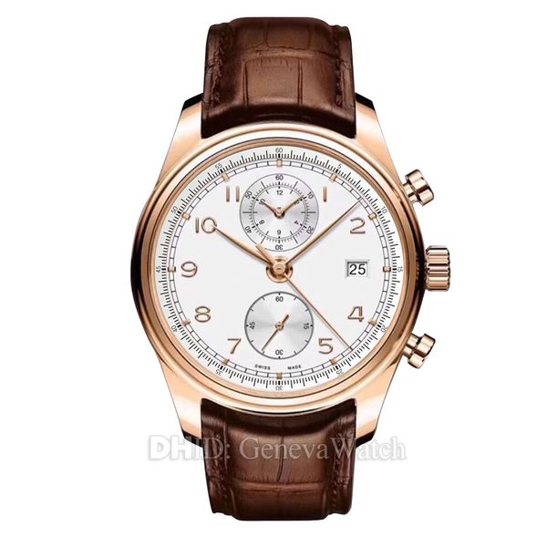 роскошные мужские часы с функцией хронографа импорт кварцевые наручные часы 40 мм из нержавеющей стали 316l кожаный ремешок кожаный ремешок, Slivery;brown