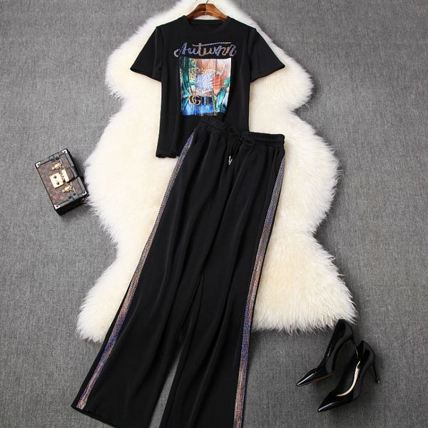 clothes women 2020 summer women's printed short-sleeved t-shirt + elastic waist fix rhinestone wide leg pants casual suit, White
clothes women 2020 summer women's printed short-sleeved t-shirt + elastic waist fix rhinestone wide leg pants casual suit, White