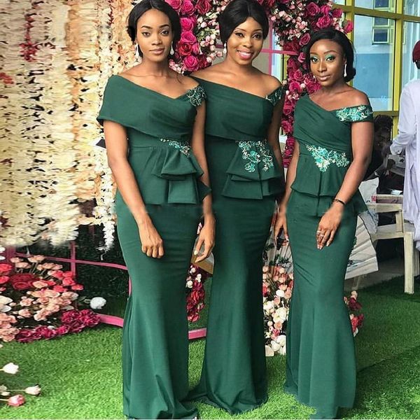 graceful dark green mermaid country bridesmaids dresses off the shoulder lace appliques ruffle waist floor length maid of honor gowns, White;pink
graceful dark green mermaid country bridesmaids dresses off the shoulder lace appliques ruffle waist floor length maid of honor gowns, White;pink