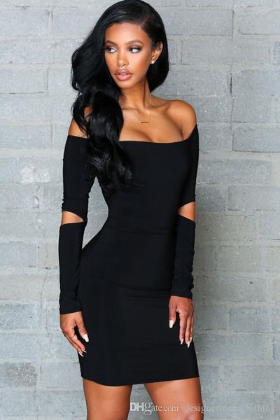 women designer bodycon dress solid color slash neck dresses long sleeved spring clothes, Black;gray
women designer bodycon dress solid color slash neck dresses long sleeved spring clothes, Black;gray