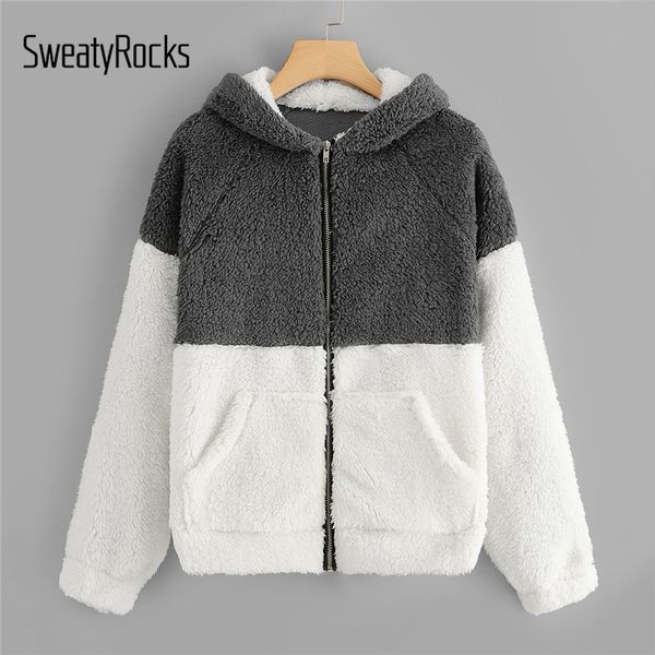 

sweatyrock zip up color-block teddy jacket streetwear thicken shearling coats 2018 autumn winter women casual coats and jackets, Black;brown