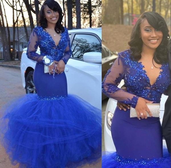 new royal blue prom dresses illusion mermaid deep v neck lace appliques beads long sleeves evening dress wear tulle formal party gowns, Black
new royal blue prom dresses illusion mermaid deep v neck lace appliques beads long sleeves evening dress wear tulle formal party gowns, Black