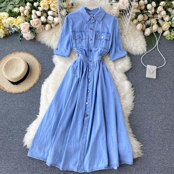 chic women single breasted denim dress classic retro long design turn-down collar denim dress, White;black
chic women single breasted denim dress classic retro long design turn-down collar denim dress, White;black