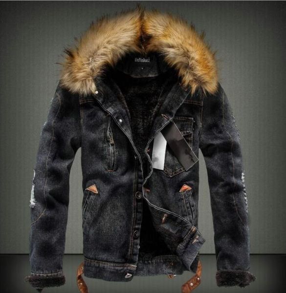 mens washed winter jean jackets autumn thick fur designer coats long sleeved single breasted jacket, Black;brown
mens washed winter jean jackets autumn thick fur designer coats long sleeved single breasted jacket, Black;brown
