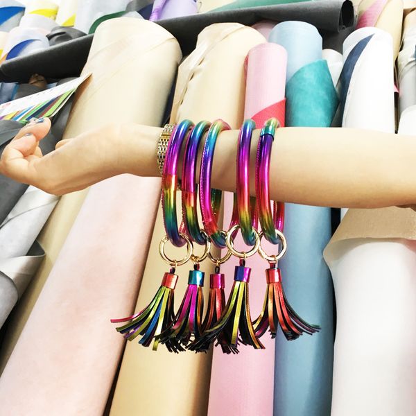 new fashion pu leather keychain large circle cute rainbow tassel wristlet keychain boyfriend gift women bag pendant jewelry, Silver
new fashion pu leather keychain large circle cute rainbow tassel wristlet keychain boyfriend gift women bag pendant jewelry, Silver