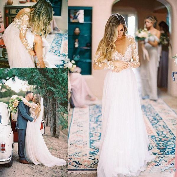 Sexy White Bohemian Wedding Dresses Lace Tulle Country Garden 2019 Modest Sheer Neck Backless Long Sleeve Elegant Bridal Gowns Cheap
Sexy White Bohemian Wedding Dresses Lace Tulle Country Garden 2019 Modest Sheer Neck Backless Long Sleeve Elegant Bridal Gowns Cheap