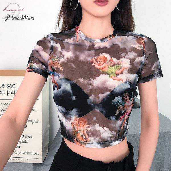 ladies womens short sleeve sheer mesh see through plain t shirt cute petal sleeve angel printed female summer mesh, White
ladies womens short sleeve sheer mesh see through plain t shirt cute petal sleeve angel printed female summer mesh, White