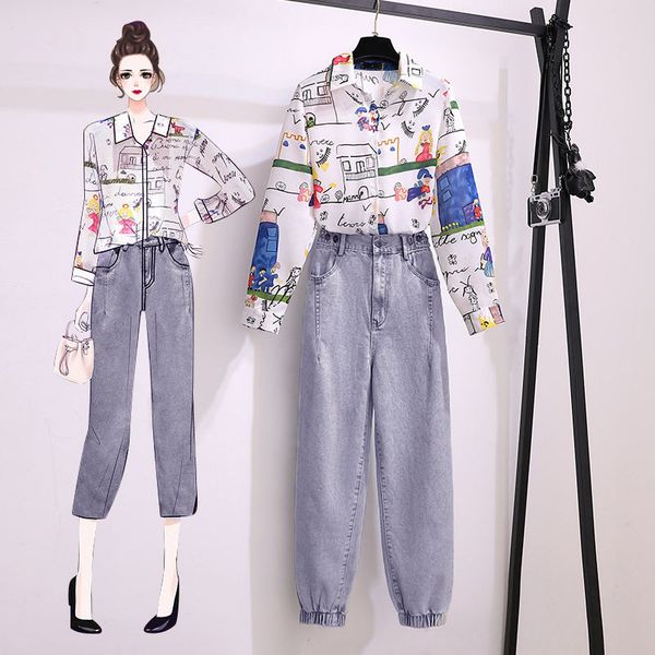 2020 spring summer 2 pieces jeans suits women cartoon print shirt blouse + calf-length denim pants sets tracksuit set conjuntos, White
2020 spring summer 2 pieces jeans suits women cartoon print shirt blouse + calf-length denim pants sets tracksuit set conjuntos, White