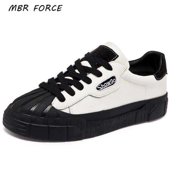 mbr force genuine leather sneakers women white shoes autumn fashion flat platform sneakers lace-up casual shoes, Black