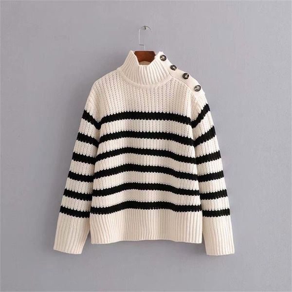 women's new fall 2019 all-around button down reversible high collar striped knit loose slouchy casual long sleeve sweater, White;black
women's new fall 2019 all-around button down reversible high collar striped knit loose slouchy casual long sleeve sweater, White;black