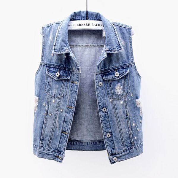 vintage wash blue denim vest women slim short waistcoat beading diamond frayed sleeveless jacket summer casual jeans vest female, Black;white
vintage wash blue denim vest women slim short waistcoat beading diamond frayed sleeveless jacket summer casual jeans vest female, Black;white