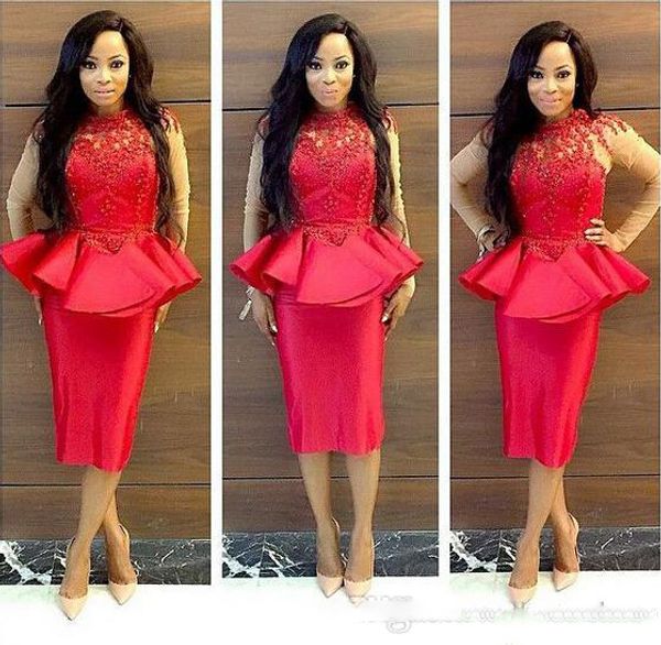 south african red lace applique prom dresses peplum high neck sheer long sleeve evening gowns plus size women sheath formal wear, Black
south african red lace applique prom dresses peplum high neck sheer long sleeve evening gowns plus size women sheath formal wear, Black