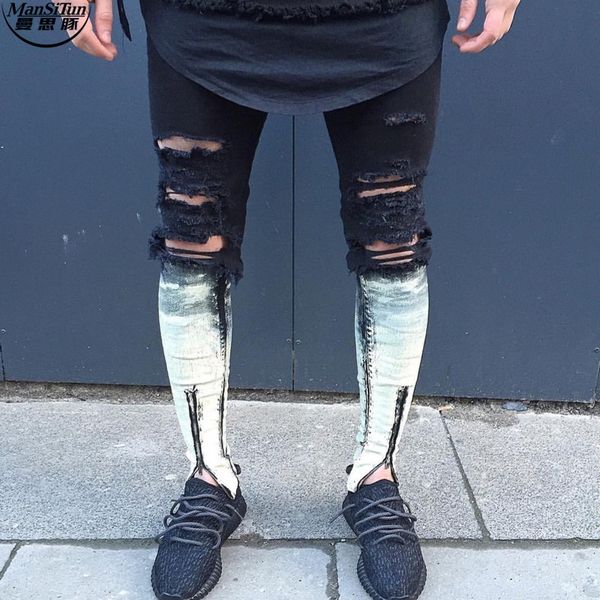 man si tun 2017 the latest fashion tie-dye hole destroyed mens slim denim straight biker skinny jeans men ripped jeans, Blue
