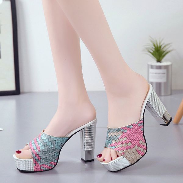 women pu leather summer slippers peep toe square high heels fashion party shoes woman platform sandals sandalias mujer, Black 
women pu leather summer slippers peep toe square high heels fashion party shoes woman platform sandals sandalias mujer, Black