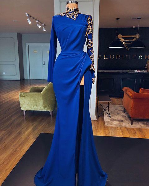 royal blue high neck 2020 evening dress with gold applique lace side split arabic dubai long sleeve stain prom gown, Black;red
royal blue high neck 2020 evening dress with gold applique lace side split arabic dubai long sleeve stain prom gown, Black;red