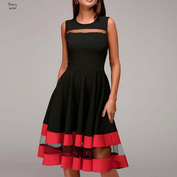 women elegant knee length dress mesh patchwork o neck sleeveless bodycon party dresses vestido drop shipping, Black;gray