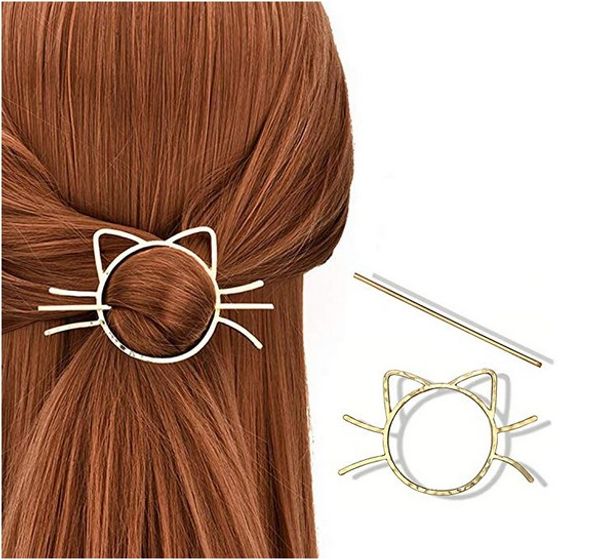 

hair clip - ladies geometric meow cat pierced hair clip cute metallic slide comb hairpin shawl pin brooch styling ponytail holder bun maker, Golden;silver