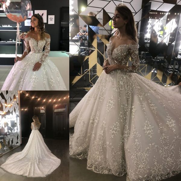 2020 luxury shiny wedding dresses princess sheer crew neck appliques beaded ball gown long sleeves chapel train bridal gown bc3643, White
2020 luxury shiny wedding dresses princess sheer crew neck appliques beaded ball gown long sleeves chapel train bridal gown bc3643, White