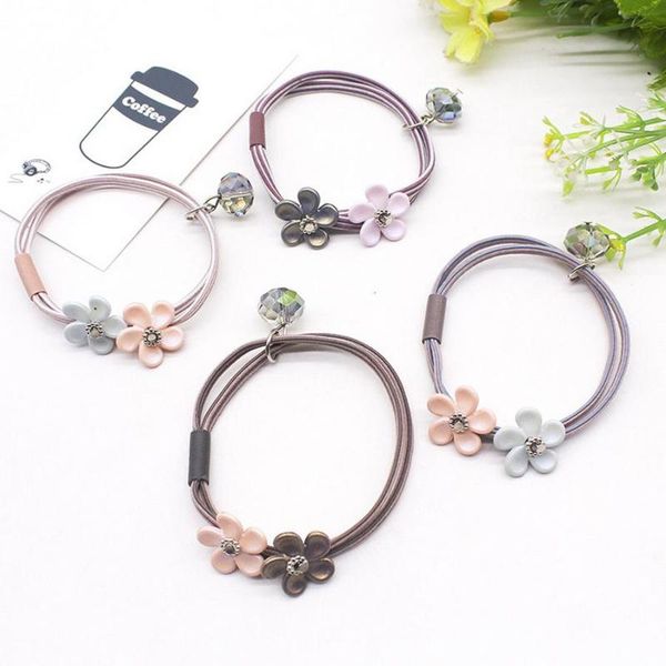 1000pcs elastic hair bands big flower hair rope rhinestones imitation charms rubber band floral fashion headwear, Slivery;white