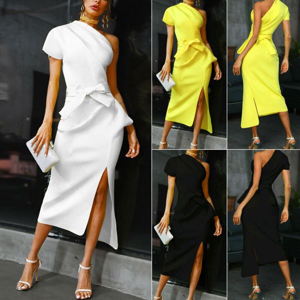 women one shoulder short sleeve bodycon dress split evening party gown dress, Black;gray
