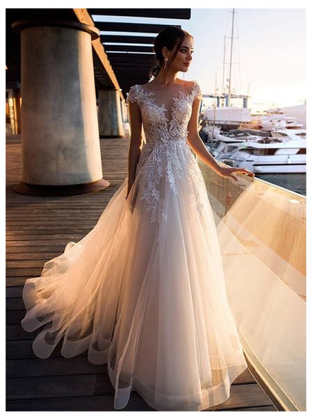 a line boho wedding dresses sheer neck floor length tulle lace wedding dresses bridal gowns 2020 summer beach bride dress, White
a line boho wedding dresses sheer neck floor length tulle lace wedding dresses bridal gowns 2020 summer beach bride dress, White