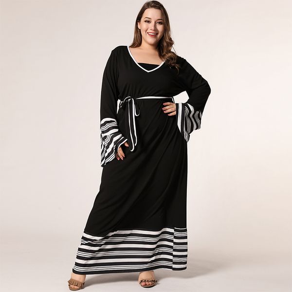 casual dresses solid stitching stripe long dress middle east black v neck flare sleeve maxi plus size slim waist lace up clothing, Black;gray
casual dresses solid stitching stripe long dress middle east black v neck flare sleeve maxi plus size slim waist lace up clothing, Black;gray