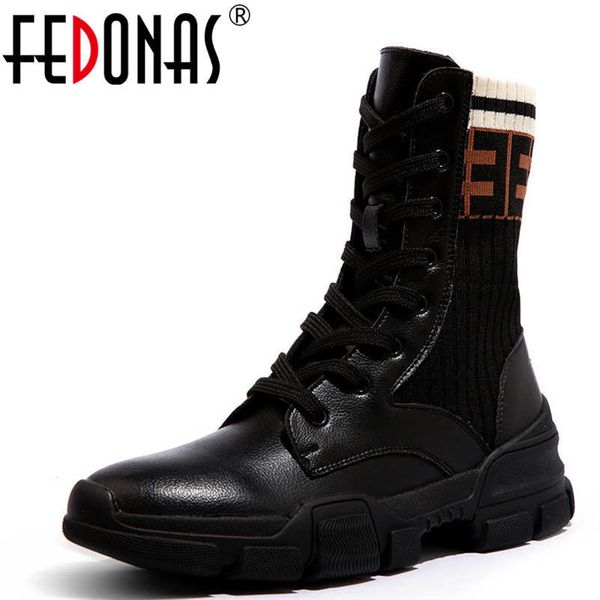 fedonas fashion women genuine leather ankle boots wedges heels motorcycle boots party shoes woman short, Black