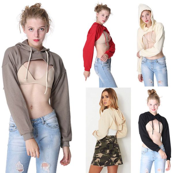 women's long sleeves short crop solid long sleeves hooded sweatshirt club wear pullover short clothes, Black
women's long sleeves short crop solid long sleeves hooded sweatshirt club wear pullover short clothes, Black