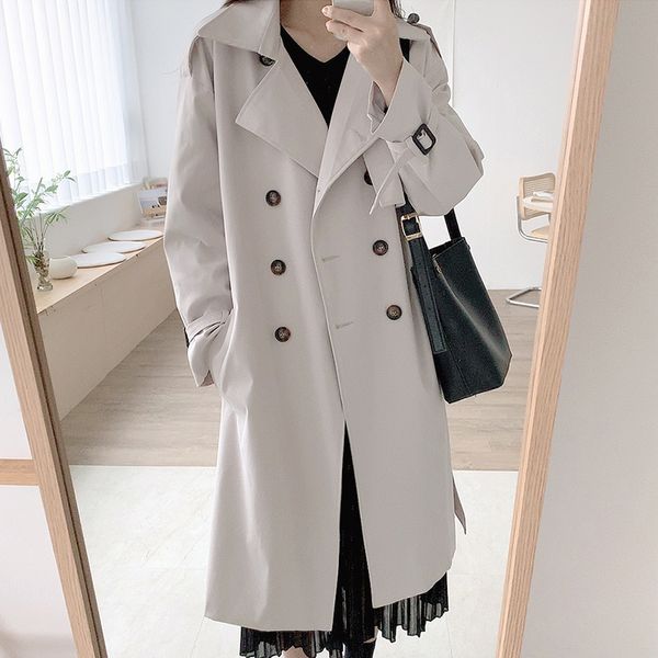 new arrival simple loose casual woman's coat double breasted classic trench coat korean style turndown collar long women, Tan;black
new arrival simple loose casual woman's coat double breasted classic trench coat korean style turndown collar long women, Tan;black