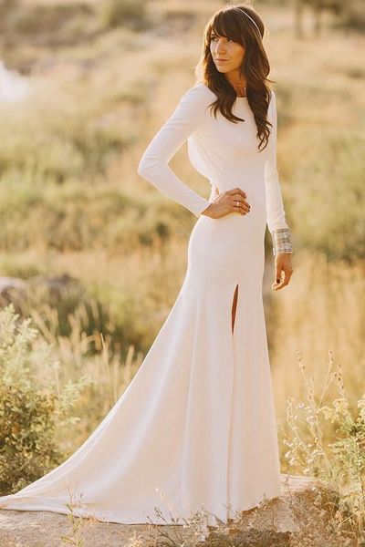 modest wedding dresses with long sleeves boat neck low back simple elegant women reception beach bridal gowns split custom made m119, White
modest wedding dresses with long sleeves boat neck low back simple elegant women reception beach bridal gowns split custom made m119, White