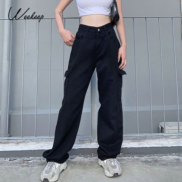 weekeep fashion pockets solid high waist women's jeans streetwear 2020 autumn cargo denim pants vintage straight harajuku jeans, Blue
weekeep fashion pockets solid high waist women's jeans streetwear 2020 autumn cargo denim pants vintage straight harajuku jeans, Blue