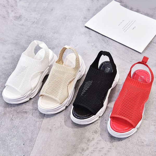 flying woven stitching sports sandals women's summer new hollow-out women's shoes casual platform platform shoes, Black;red