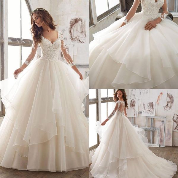 2019 tiered 3/4 sleeve v neck wedding dresses lace appliqued long tulle bridal gown vestido de novia bm1602, White
2019 tiered 3/4 sleeve v neck wedding dresses lace appliqued long tulle bridal gown vestido de novia bm1602, White