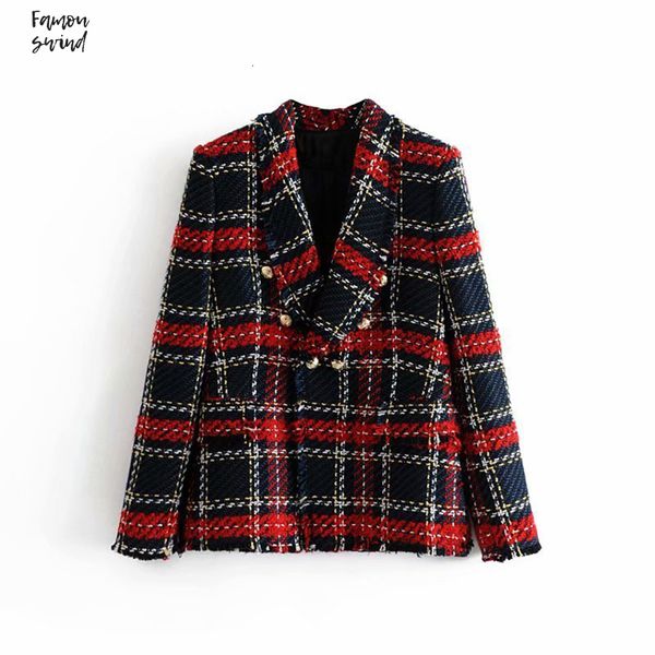double breasted blazers frayed checked tweed coat plaid 2019 fashion pockets women ladies outerwear casual casaco femme, White;black
double breasted blazers frayed checked tweed coat plaid 2019 fashion pockets women ladies outerwear casual casaco femme, White;black
