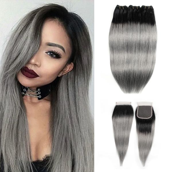 Ombre Grey Hair Bundle With Clo Ure 1b Grey Ilver Pink