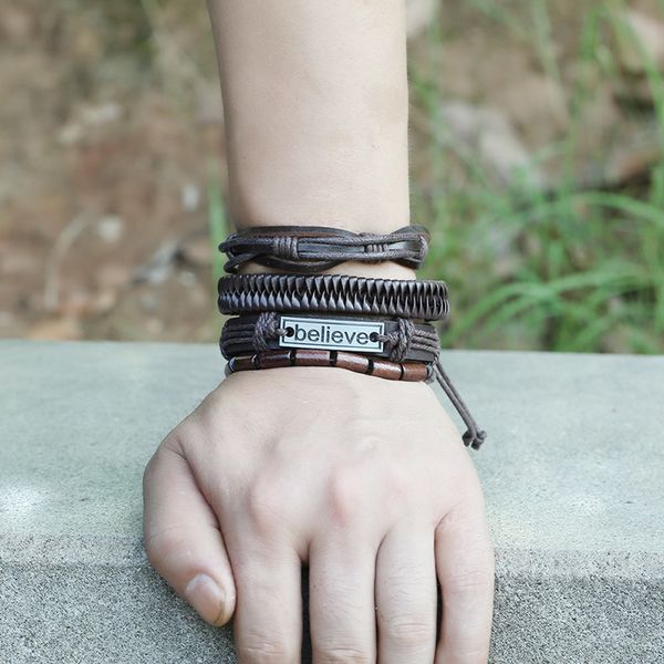new trendy 4pcs/set woven punk vintage "believe" charm wood beads leather women bracelets men femme homme wholesale jewelry, Black
new trendy 4pcs/set woven punk vintage "believe" charm wood beads leather women bracelets men femme homme wholesale jewelry, Black