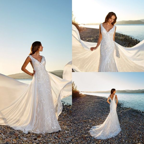 2019 eddy k beach mermaid wedding dresses with overskirts v neck lace appliques bridal gowns backless boho wedding dress cheap, White
2019 eddy k beach mermaid wedding dresses with overskirts v neck lace appliques bridal gowns backless boho wedding dress cheap, White