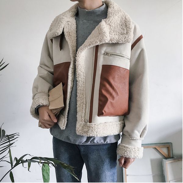 winter new short jacket men warm fashion contrast color casual thickening lamb fur tooling coat man loose cotton male clothes, Tan;black 
winter new short jacket men warm fashion contrast color casual thickening lamb fur tooling coat man loose cotton male clothes, Tan;black