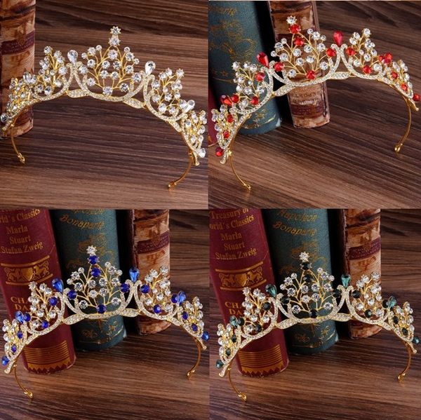

Wedding Bridal Red Blue Green Crystal Gold Tiaras Crowns Princess Pageant Prom Rhinestone Tiara Headband Bride Hair Accessories